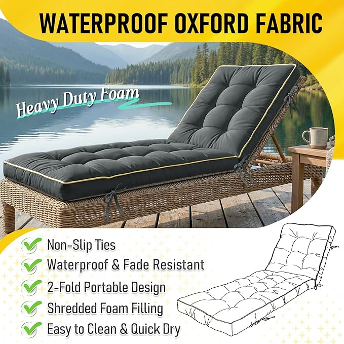 72x21 Inch Folding Chaise Lounge Cushion Quick Dry - Outdoor Sun Lounger Seat Pad with Shredded Foam for Patio Furniture, Deck Chairs, Poolside (Gray, 72 INCH × 21 INCH)