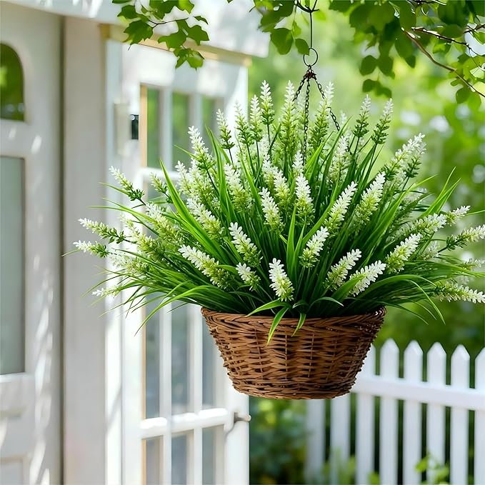 Geegoods Artificial Plants Flowers Outdoor – 48 Bundles UV Resistant Faux Lavender Flowers with Monkey Grass for Garden Porch Window Patio Hanging Planter Decor