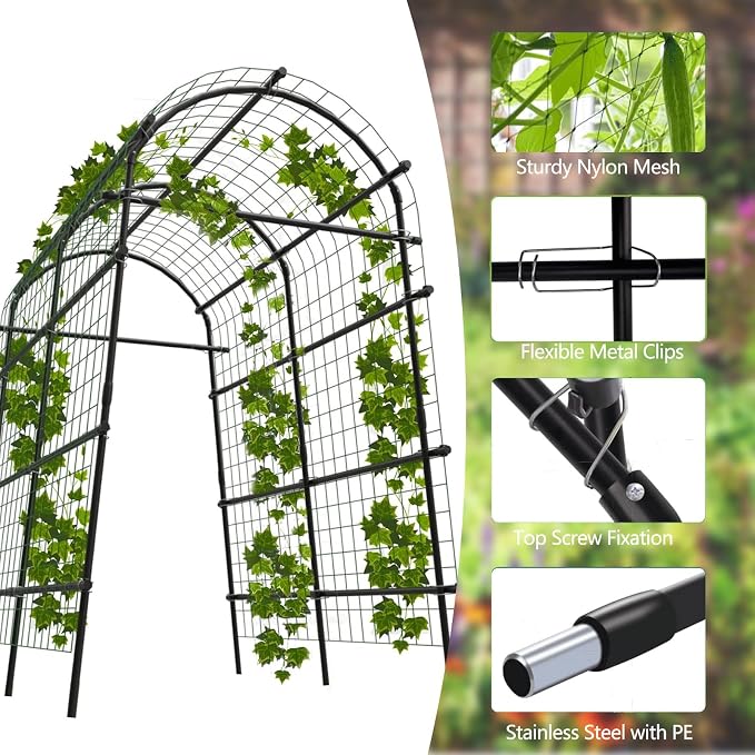 Metal Garden Arch Trellis, 7.6Ft Black for Raised Beds, Plant Support for Cucumbers & Climbing Vegetables with 9 Horizontal Pipe