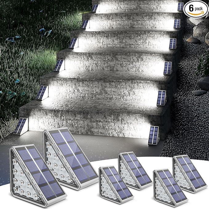 NIORSUN Outdoor Step Lights, 6 Pack Solar Stair Lights Outdoor Waterproof IP67 Auto On Off, Solar Lights for Steps,Stair,Patio,Yard,Porch,Front Door,Sidewalk,Deck Decor,Cool White