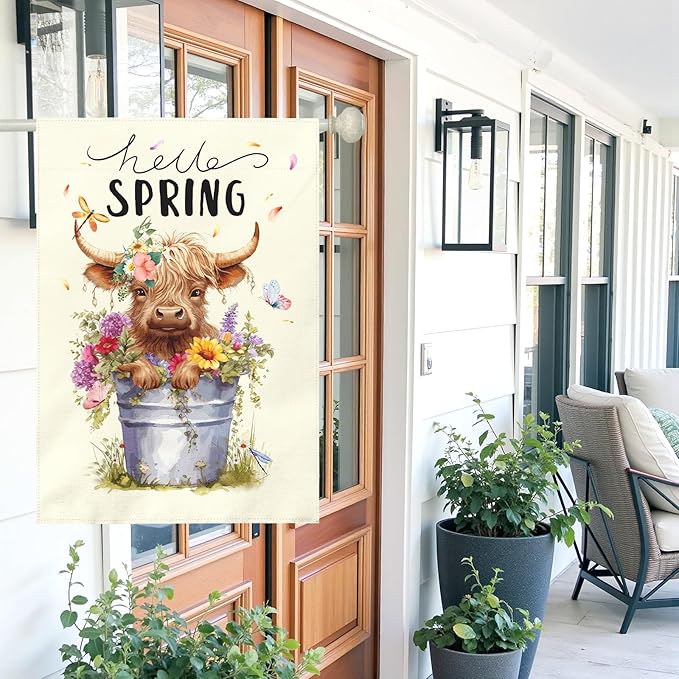Hello Spring Garden Flag Large Highland Cow Polyester House Banner Double Sided Vertical Farmhouse Butterfly Floral Yard Flags Rustic Daisy Banner for Seasonal Outdoor Decor 28 x 40 Inch