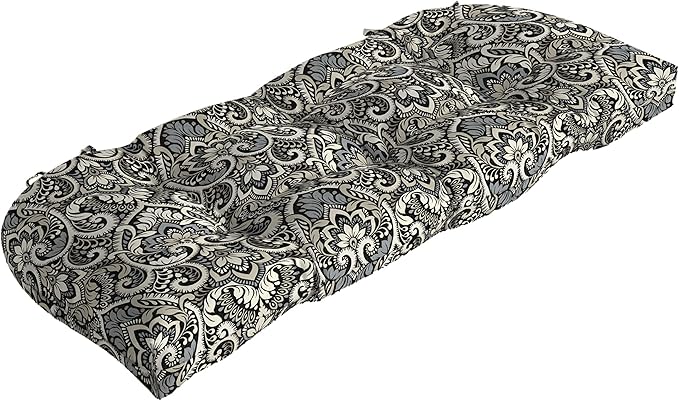 Arden Outdoor Wicker Settee Cushion, 41.5 x 18, Rain-Proof, Fade Resistant Black Aurora Damask
