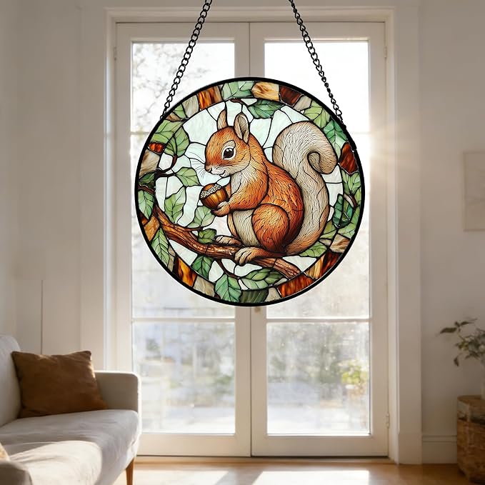 DASTOLL Stained Glass Window Hanging, Squirrel on a Branch Suncatcher Diamond Glass Panel Animal Sun Catchers Decor for Birthday for Women, Men, Wife, Aunt, and Mom 7.8 in