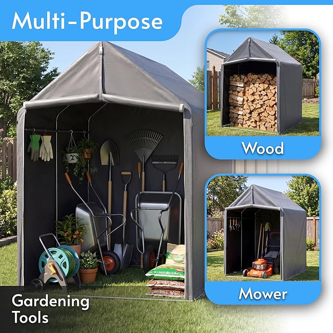 HOTEAGLE Sheds & Outdoor Storage, 3/4 inch Thick Support Rods & Bolted Frame (Not Socket), Rolled Up Doors and Ventilation Window, Portable Garage 6 x 4 ft