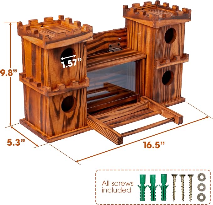 MIXUMON Castle-Style 4 Room Wooden Birdhouse with Large Center Feeder, Outdoor Multi-Room Bird House for Garden & Backyard, 1.57" Entrance Hole, Easy-Clean Access Doors, Twin Tower Decorative Design