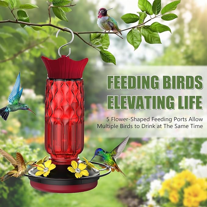 Hummingbird Feeders for Outdoors, Hanging Hummingbird Feeder with 5 Flower-Shaped Feeding Ports, 16 Oz Bird Feeder with Bee Proof & Built-in Ant Moat, Outdoor Garden Decor Gifts for Women Mom