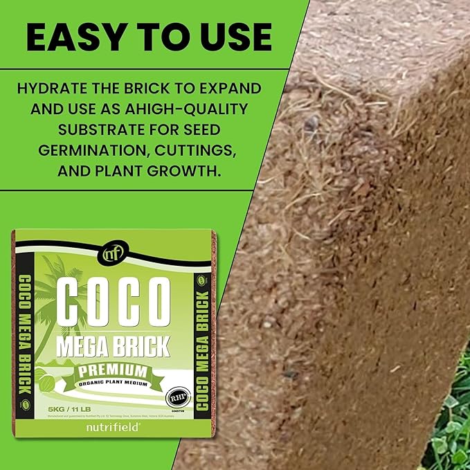 Nutrifield Coco Coir Mega Brick Organic Coconut Coir 11lb 5kg Coco Fiber Compressed Block Pre Washed Buffered RHP Cert Potting Soil Indoor Outdoor Plant Garden Vegetable Flower Seed Starter Mushroom