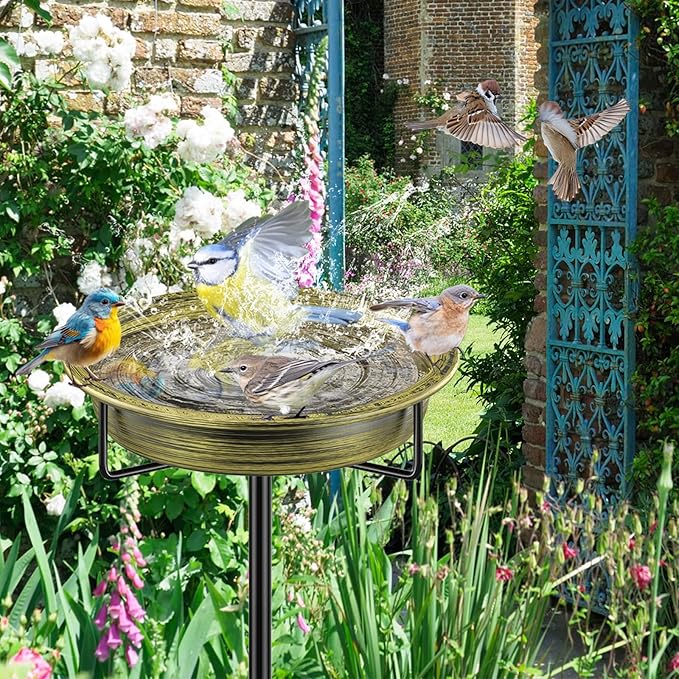 Freestanding Birdbaths Bowl Outdoor, Standing Garden Bird Bath Bird Feeder Bowl, Detachable Decoration Spa Birdfeeder for Garden Patio Yard Lawn (Retro Gold)