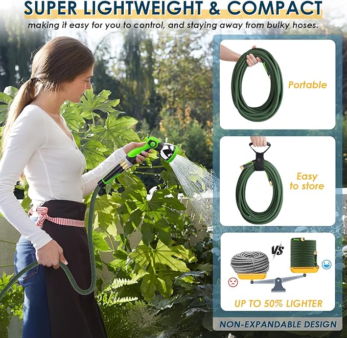 Non-Expandable Garden Hose 50 FT, Lightweight Hose with 10 Function Spray Nozzle, Kink-Free Flexible Water Hose, Durable, Leak-Proof, 360° Swivel Connectors, Portable Storage Strap