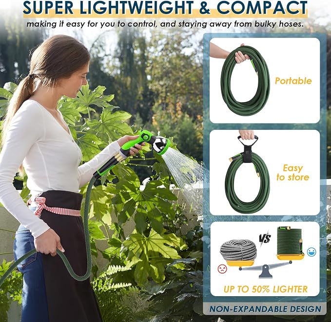 Non-Expandable Garden Hose 100 FT, Lightweight Hose with 10 Function Spray Nozzle, Kink-Free Flexible Water Hose, Durable, Leak-Proof, 360° Swivel Connectors, Portable Storage Strap