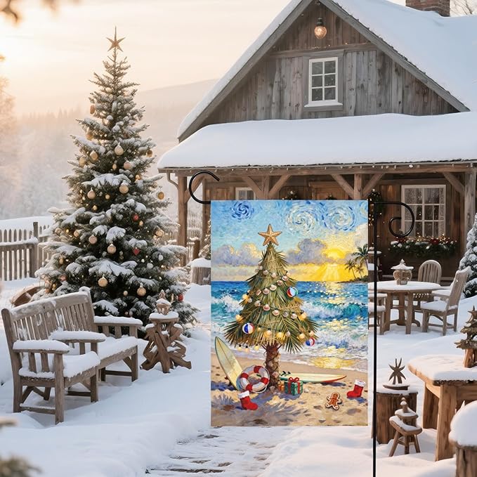 Coastal Christmas Garden Flag 12x18 Inch Xmas Tree Beach Holiday Themed Decorative Yard Flags for Outside Double Sided Winter Seasonal Outdoor Home Farmhouse Decoration Porch New Year Decor