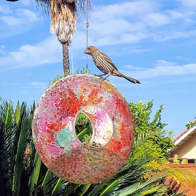 DUSVALLY 9 inch Fly Through Bird Feeder for Wild Birds, Colored Glass Mosaic Outdoor Hanging Feeder - Squirrel Proof Design, Easy to Clean, Weather Resistant Garden Decor for Hummingbirds Finches