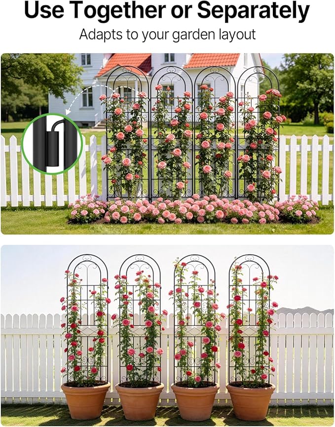 Suteck Garden Trellis for Climbing Plants Outdoor, 71” H x 20” W, 4 Pack Metal Garden Trellis with Rustproof Powder-Coated, Rose Trellis for Patio Lawn Yard, Flower & Vegetable Support
