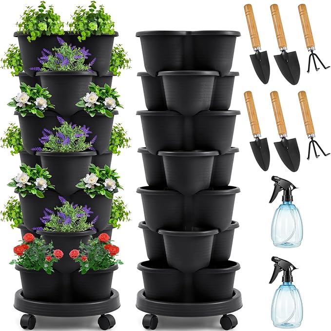 Umigy 1 Set Black 7 Tier Stackable Vertical Planters with Removable Wheels and Tools Tower Planters Strawberry Herb Flower Vegetable Pots Indoor Outdoor Gardening Pots