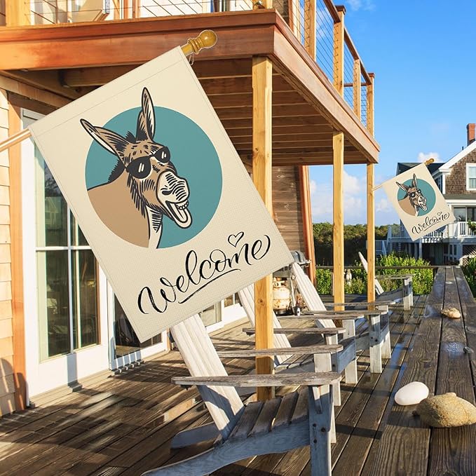 Mugod Funny Donkey House Flags for Outdoor Decoration, Donkey With Sunglasses Happy Wildlife Large Yard Flag Burlap Banner 28 x 40 Double Sided Seasonal Flag Outside