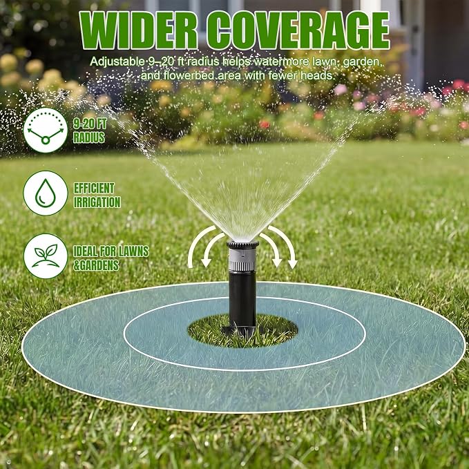 16 Pack Adjustable Sprinkler Heads for Lawn, Compatible with Rain Bird 1800 Replacement Sprinkler Head, 4-Inch Pop-Up, 9-20 ft Radius, 0-360° Adjustable Arc, Efficient Garden Yard Irrigation