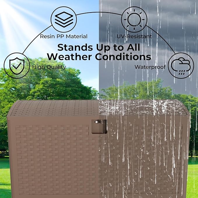 Outdoor Deck Box, 99 Gallon Resin Storage Container, Lockable, UV Resistant and Waterproof Storage Box for Patio Furniture Cushions, Garden Tools, Pool Sports Equipment (Brown)