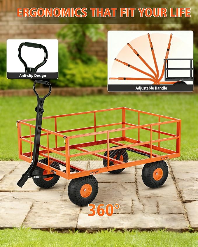Garvee Steel Garden Cart, 1200 LBS Capacity Utility Outdoor Wagon, Heavy Duty Mesh Garden Wagon with Removable Sides, 2-in-1 Handle, 13" Tires for Yard, Lawn, Garden