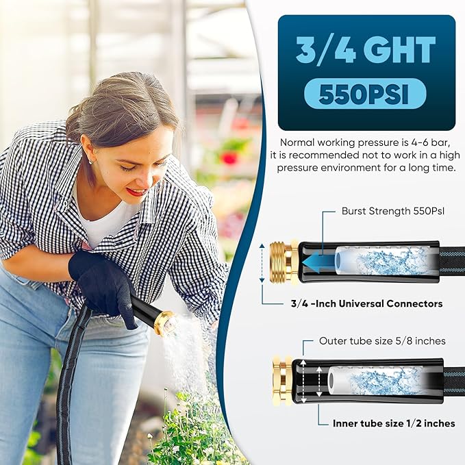 Garden Hose 100ft, Non-Expanding Water Hose, 8 Function Nozzle, Flexible Ultra-Light, Anti-Kink, Wear-Resistant, Portable, Easy Storage, Hose with 3/4 for Outdoor, Garden, Yard, Black Lake Blue