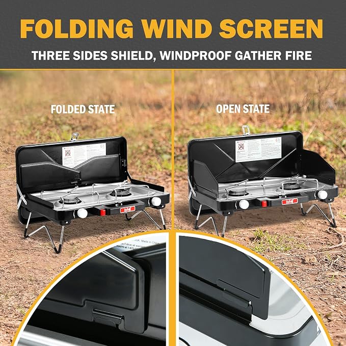 Feasto 2 Burner Propane Camping Stove with Folding Legs, Outdoor Portable Camp Stove with Push-Button Ignition & Wind Guards for Camping, Tailgating, BBQ, & More, Black