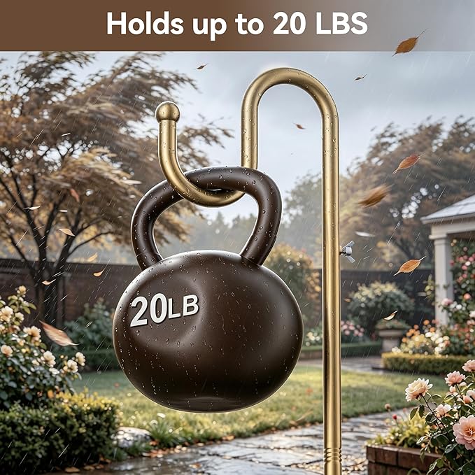 74" Shepherds Hook Stand, Adjustable Wind Chime Stand with Heavy Duty Base, Free Standing Plant Hanger Pole for Bird Feeders, Wreaths, Lanterns & Plants, Indoor Outdoor, Holds Up to 20 LBS, Gold