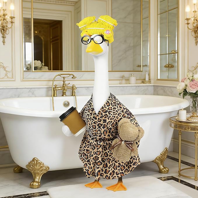 Lady Porch Goose Outfits,Bathrobe Porch Goose Statue Costume with Curlers Reading Glasses Coffee Cup Towel,Cute Goose Clothes for 23-Inch Cement Statue,Lawn Yard Garden Patio Decor（Leopard Print 01）