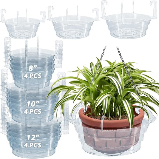 12 Pack Hanging Plant Water Catcher Tray, 8"+10"+12" Clear Drip Pan Saucers (4P/Size) for Hanging Planters & Pots, Indoor Self Watering Accessories for Hanging Plant Baskets (Mix Sizes 12P)