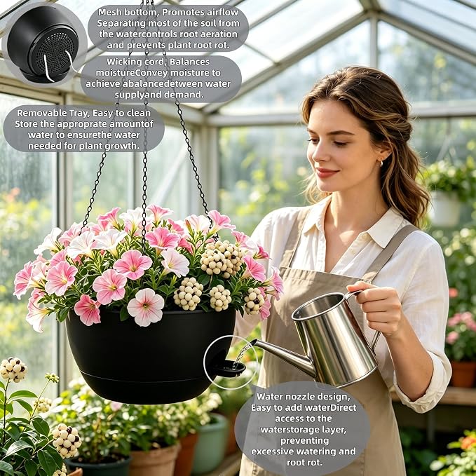 12" Self Watering Hanging Planters with Chains, Black, 2 Pack | 43 Oz removable self-watering reservoir, for indoor/outdoor plants, patio & garden