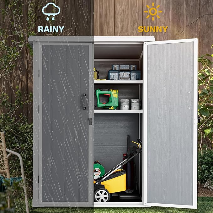 DWVO 60 Cuft Outdoor Tall Storage Shed with 2 Shelves, 5X3FT Vertical Tool Shed with Floor & Lockable Doors, Sturdy Double-Wall Plastic Cabinet for Garbage Cans and Garden Equipment (Gray)