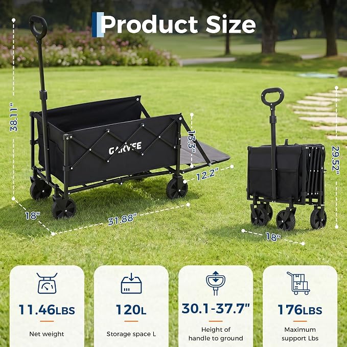 Collapsible Wagon Cart Max 220lb Load & Expandable Storage 120L, Double Bearing Design for Flexible Steering, Foldable Heavy Duty Garden Cart with 2 Cup Holders for Groceries, Garden & Camping