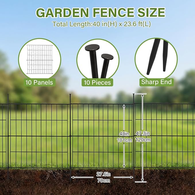10 Panels No Dig Decorative Outdoor Garden Fence, 40in (H) x 23.6ft (L) Rustproof Metal Wire Rabbit Dog Garden Border Fencing for Yard, Animal Barrier with Ground Stakes for Patio
