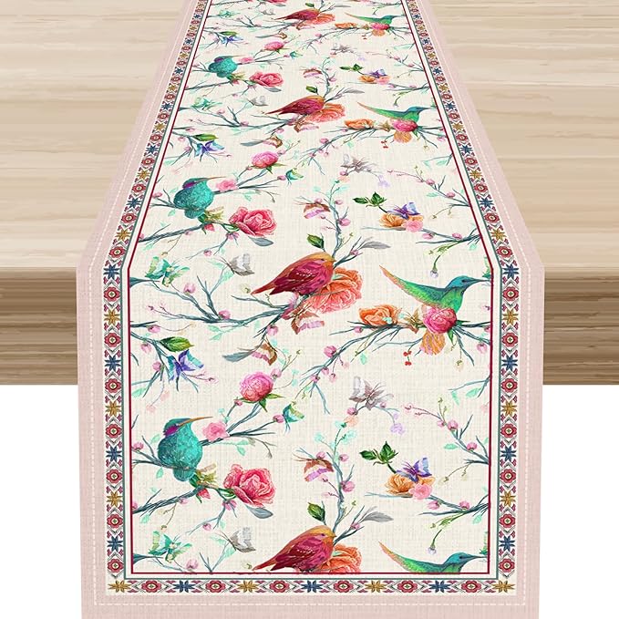 Floral Birds Table Runner, Rustic Watercolor Chinese Flower Blossom Plant Pink Boho Spring Coffee Table Center Decor for Family Kitchen and Dining Farmhouse Party Table Decorations, 13"x90"