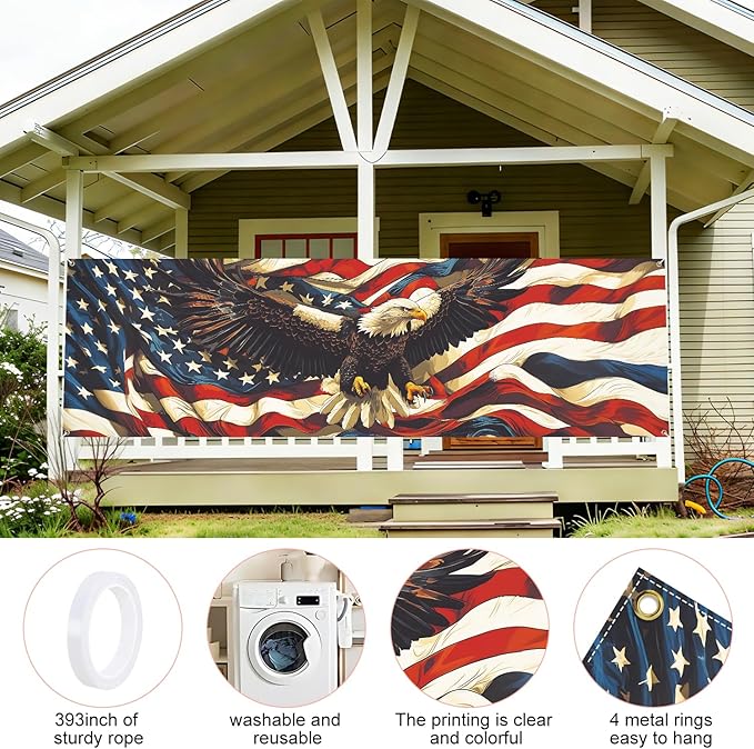 American Flag Eagle Fence Banner 118 x 35 Inch, Large Waterproof Outdoor Patriotic USA Banner with Bald Eagle for Yard Porch Fence 4th of July Independence Day Decorations