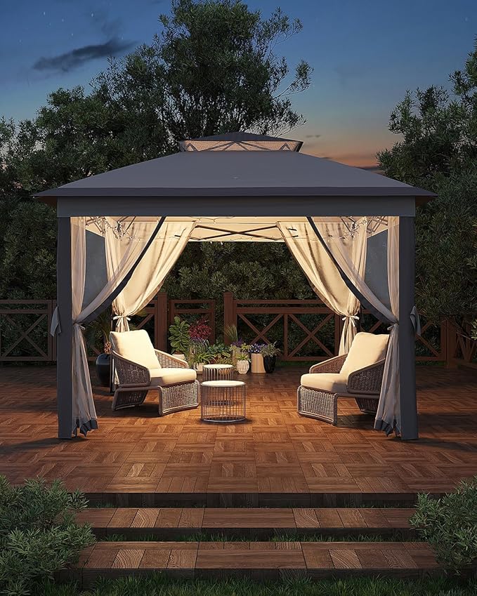 Garveelife 11x11 Pop Up Gazebo Tent with Mosquito Netting, Outdoor Canopy Shelter Easy Setup, Water & UV Resistant - Grey