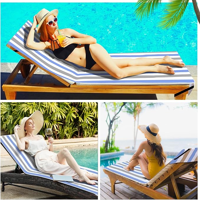Fumete 2 Pack Lounge Chair Covers 30 x 85 Inch Pool Chaise Lounge Towels Microfiber Beach Chair Towel Portable Striped Outdoor Patio Furniture Cover for Sunbathing Picnic Spa (Blue and Grey)
