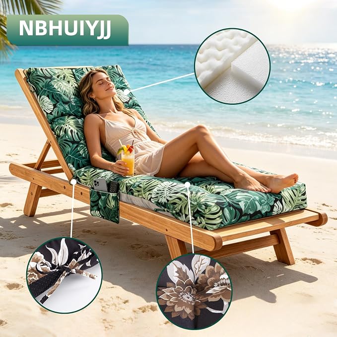 Patio Chaise Lounge Cushions, 68"x21"x4.5" Waterproof Replacement Beach Pool Lawn Outdoor Lounge Chair Cushion with Pocket, Non-Slip Bottom & Secure Ties for Outdoor Furniture, Monstera