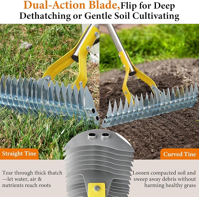 Heavy Duty Thatch Rake for Lawns, 15" Dual-Sided Dethatching Rake with Sharp Steel Tines, Manual Dethatcher and Scarifier Tool for Dead Grass, Moss & Thatch Removal, 70" Adjustable Long Handle