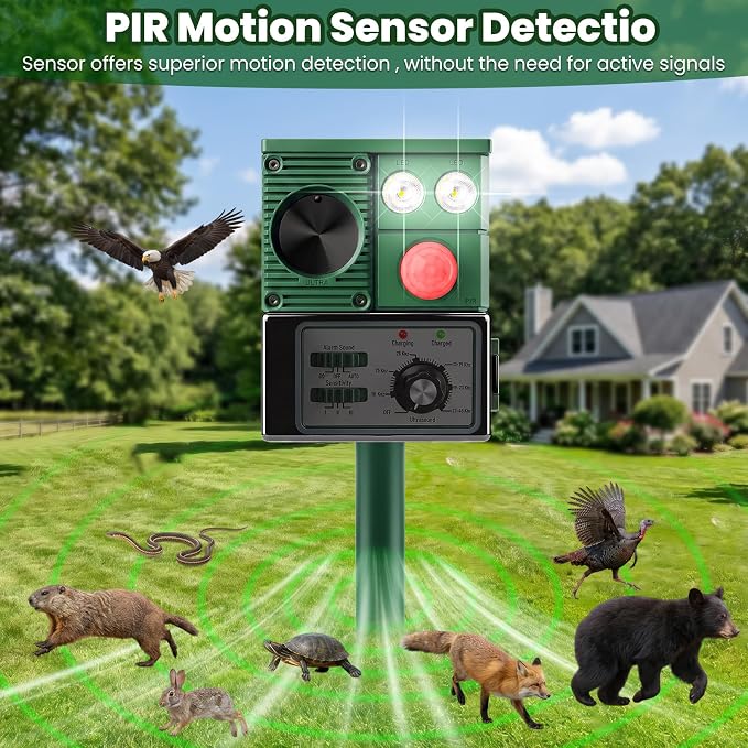 Solar Ultrasonic Animal Repellent Outdoor, 2026 Upgraded Cat Repellent with PIR Sensor & Flashing Light, Deer Repellent Devices Cat Raccoon Squirrel Rabbit Skunk Deterrent for Patio Garden