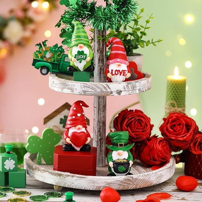 Simgoing 4 Pcs Holiday Gnomes Figurines 2 Valentines 2 St Patrick's Day Gnomes, Resin Love Heart Figurines Lucky Tabletop Decor Holiday Statues Centerpieces for Spring Home Table Tiered Tray