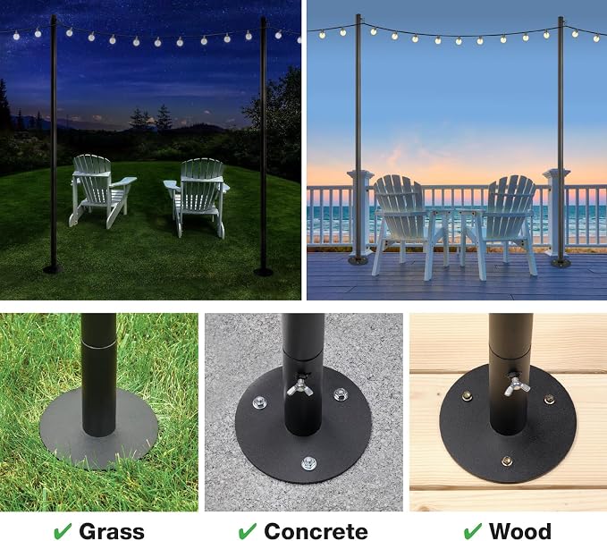 EXCELLO GLOBAL PRODUCTS Bistro String Light Poles - 1 Pack - Extends to 10 Feet - Universal Mounting Options Included