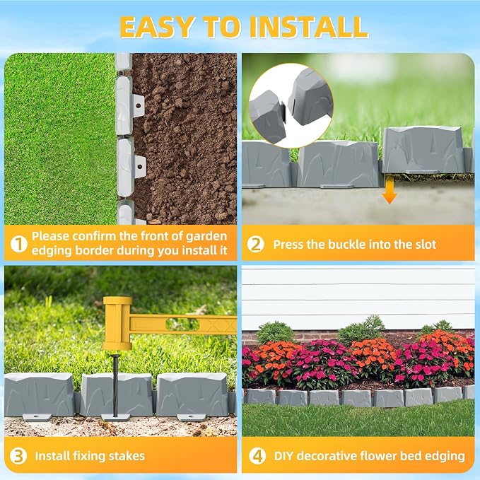 8Pcs Landscape Edging(12 FT) 24 Spikes - Faux Stone Edging Border for Garden, Flower Beds, Lawn & Pathways | 12ft L x3in H | Faux Stone Edging for Landscaping Outdoor (Grey)
