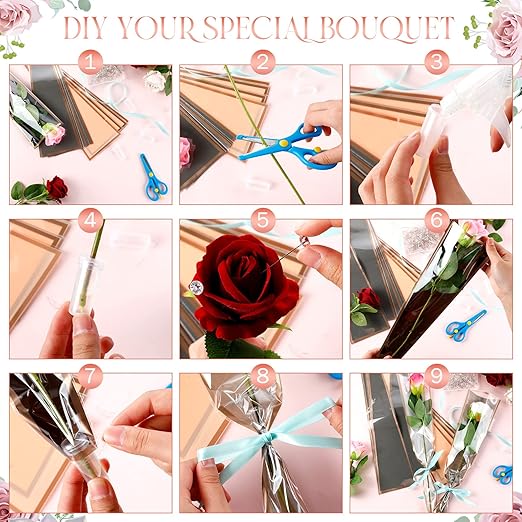 Outus Flower Bouquet Accessories 200 Pcs Single Rose Sleeves with 200 Floral Water Tubes and 200 Crystal Diamond Head Bouquet Pins for Valentine's Day Mother's Days Supplies Graduation(Mix Color)