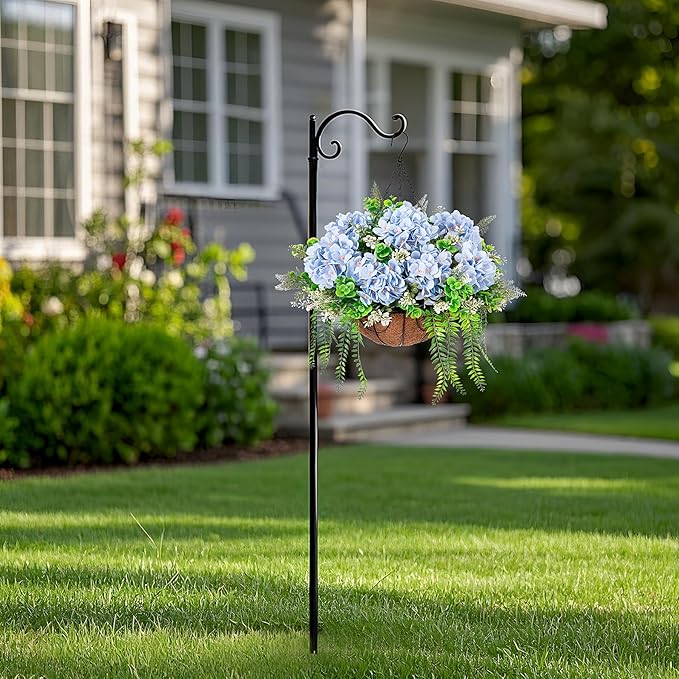Ammyoo Artificial Hanging Hydrangea Flowers with Basket for Outdoor Spring Decoration, Fake Silk Hydrangea Flower Outdoor Indoor Arrangements, Fake Hanging Plants for Balcony Garden Yard Decor(Blue)