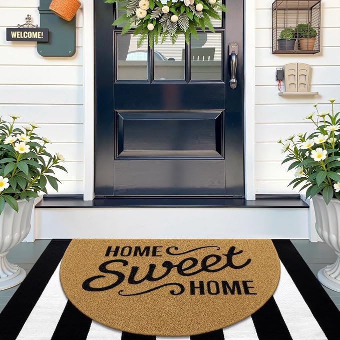 OLANLY Half Circle Front Door Mat, Low Profile Doormat, Stain and Fade Resistant, Easy to Clean, for Indoor and Outdoor Entrances, Patio Porch or Entryway, Brown (35x23 Inch, Home Sweet Home)