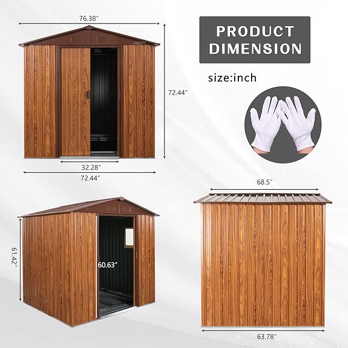 Outdoor Metal Storage Shed 6FT x 6FT, Galvanized Steel Frame Garden Shed, Sliding Lockable Doors, 4 Vent System, Weather-Resistant Metal Storage House with Foundation Kit, Shelf & Hooks, Coffee