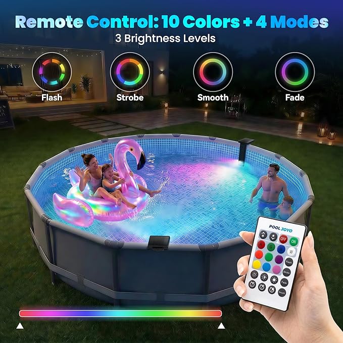Solar Pool Lights Only for Metal Frame Above Ground Pools, 1.71–3.9 Top Rails, Remote Control, Brighter 3-Sided 180° Underwater Glow, 10 Colors 4 Modes, IP68 Waterproof（1 Pack）
