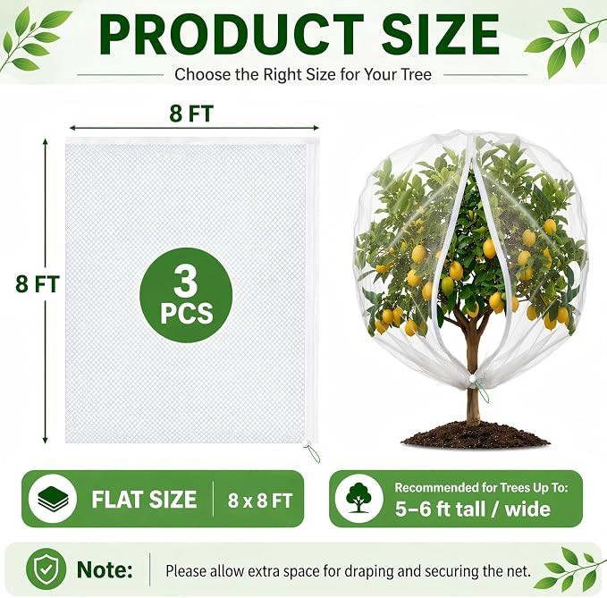 3 Pack 8 x 8 ft Large Fruit Tree Netting Covers with Zipper & Drawstring, Extra Fine Mesh Garden Netting for Blueberry Peach Apple Trees, Protects Fruit from Birds, Squirrels, Deer, Cicadas & Beetles