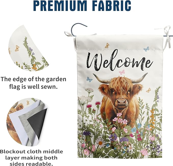 Floral Highland Cow Garden Flag Spring Summer House Flags 28x40 Double Sided Flower Funny Farmhouse Yard Flags for Outside Large Farm Outdoor Welcome Flags