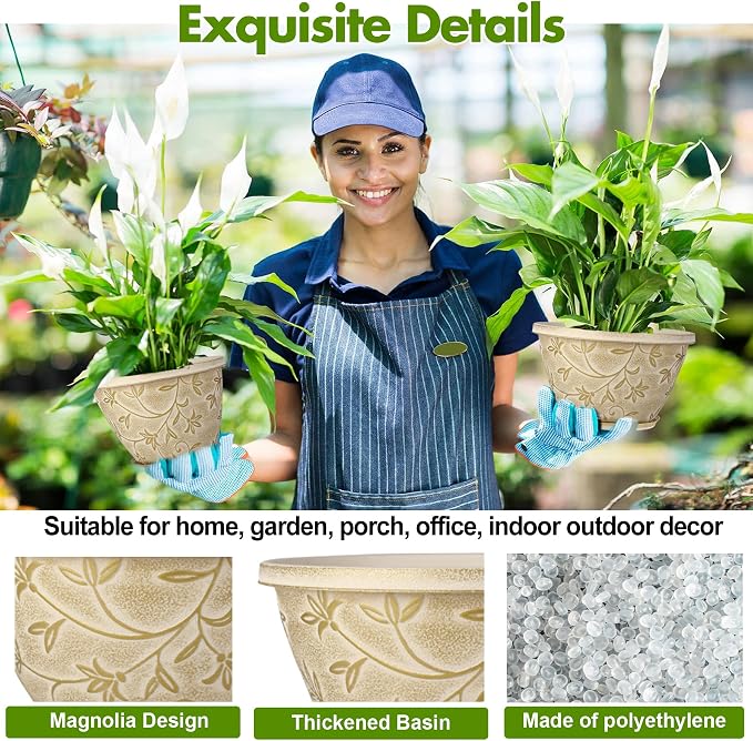Nooulap 4 Pack 10 Inch Plant Pot with Drainage & Saucer, Plastic Flower Pots Outdoor Indoor, Beige Planters with Gold Flower Partten, for Patio, Garden Home Decor