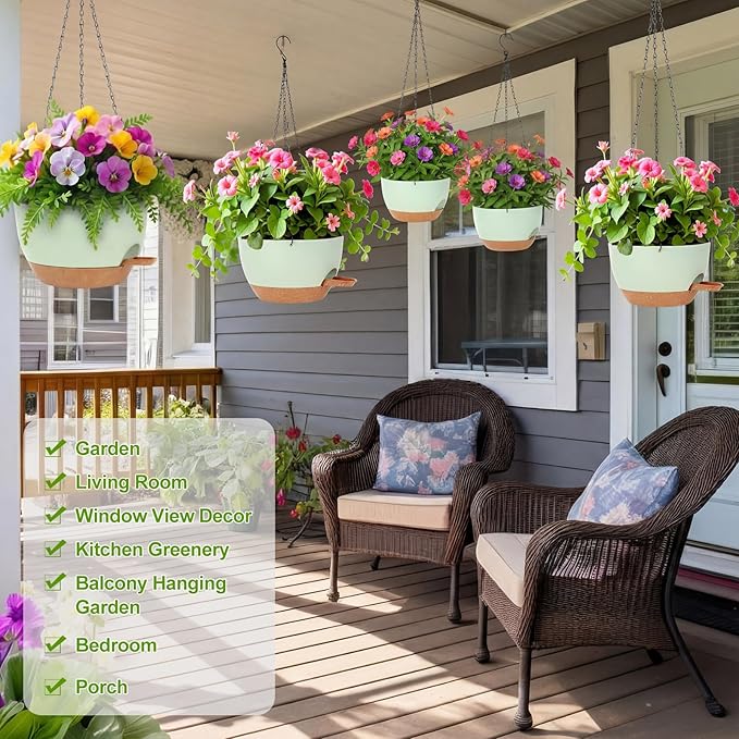 6 Pack Hanging Planter Set 12/10/8 Inch Plastic Self Watering Hanging Baskets Plant Pot with Drainage Holes and Chain for for Indoor Outdoor Garden Porch Plants